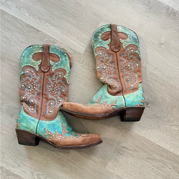 Ferrini Leather Western Boots Turquoise Brown Pointed Toe Studded – Women’s 7.5 - Picture 2 of 14